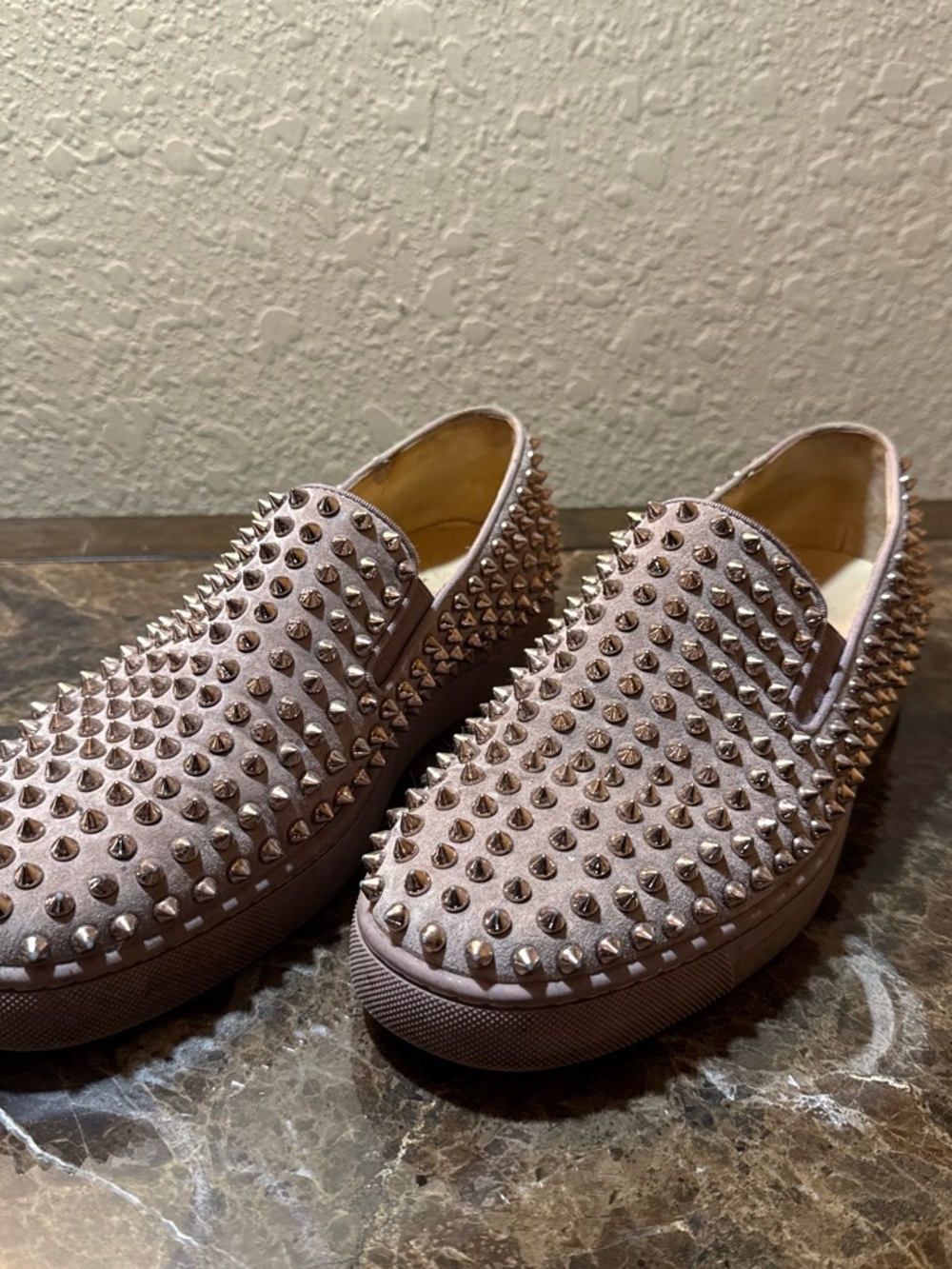 Christian Louboutin Studded Slip-On Loafers in Blush Pink